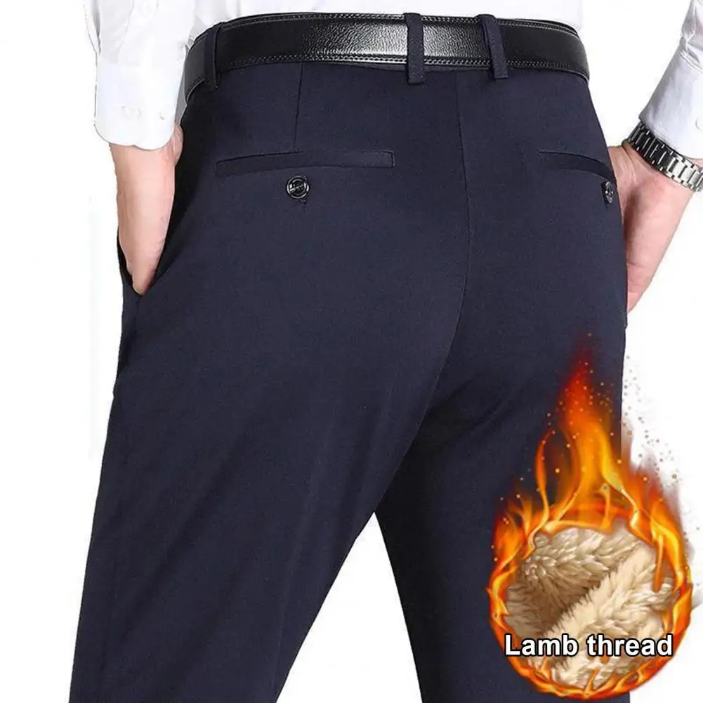 

Men Office Pants Warm Plush Men's Suit Pants Stylish Business Trousers with High Waist Deep Crotch Cozy Pockets Pure Color