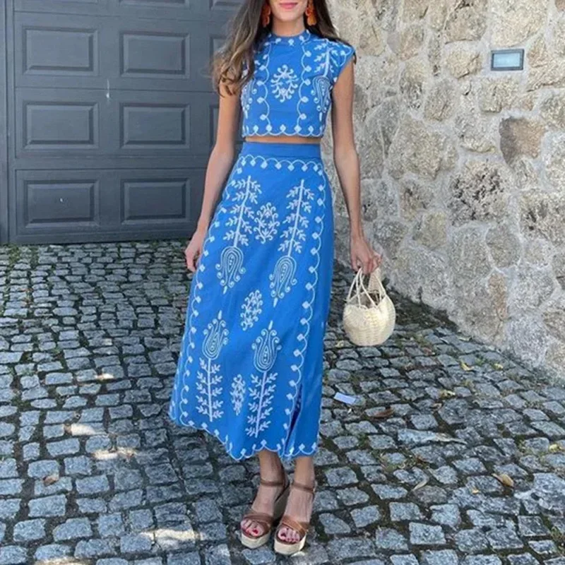 Fashion Print Skirt Suit Women O-neck Short Sleeve Tops 2024 Summer Slim High Waist Lace Up Lady Skirts Casual Beach Holiday Set