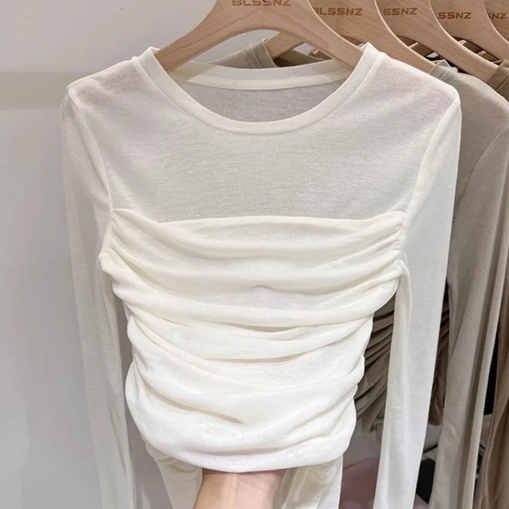 Long Sleeve Slim Long Sleeve T-shirt Transparent Mesh Streetwear Women Thin Tops Versatile Wrinkle Shape Korean Style Crop Top