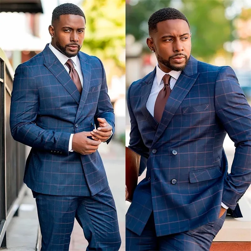 

Plaid Blue Men Suits Set Blazer+Pants 2 Pcs Formal Double Breasted Wedding Tuxedos Office Jacket Groom Prom Coat Tailor Made