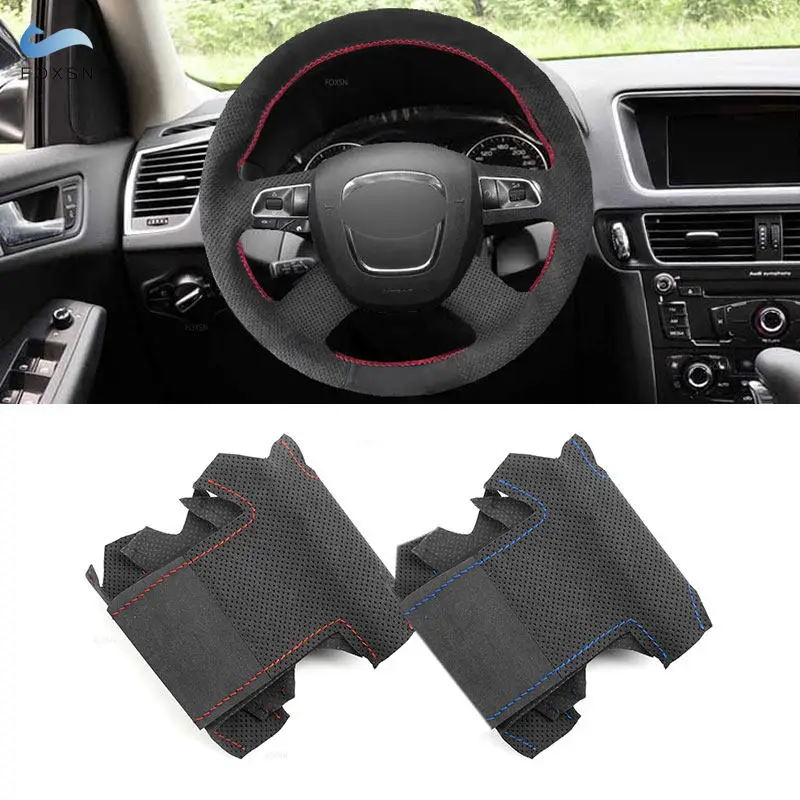 

For 4-Spoke with button A3 8P A4 B7 B8 A5 8T A6 C6 A8 D3 Q5 8R Q7 4L Hand-stitched Car Steering Wheel Cover Suede Leather Trim