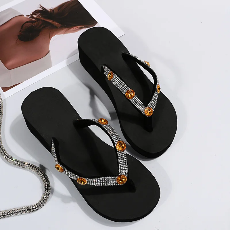 Casual Sandals Women String Bead Crystal Wedges Slippers Summer Platform Shoes Female Luxury Designer Clip Toe Flip Flops