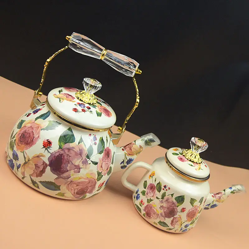 Vintage Oil Painting Rose Enamel Kettle Teapot Coffee Milk Pot Induction Cooker Open Flame Universal Cooker
