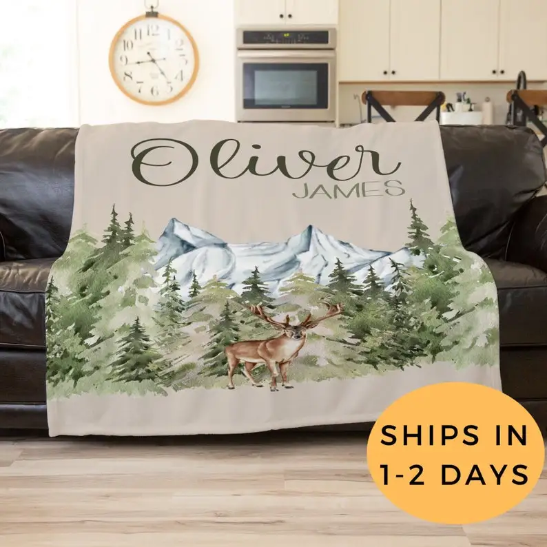 

Deer Blanket, Baby Deer Boy Shower, Custom Blanket With Name, Personalized Soft Blanket Adult, Housewarming Gift For Men, Unique