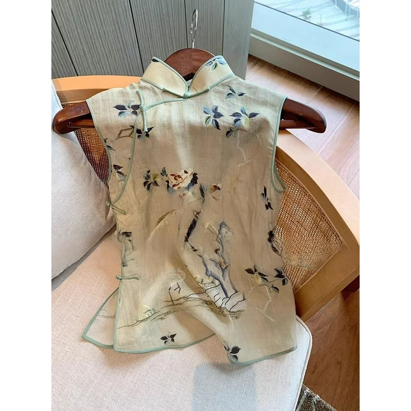 Chinese Retro Plate Buckle Waistcoat Women's Summer Vintage National Style Sleeveless Cheongsam Vest Top