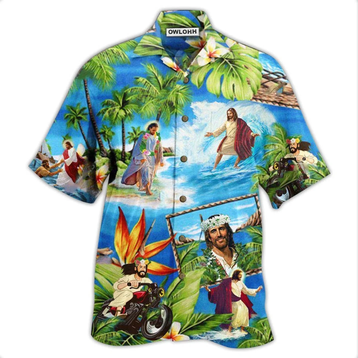 Hawaiian Shirts for Men Funny Print Jesus Shirts Cosplay Summer Beach Casual Button Up Hawaii