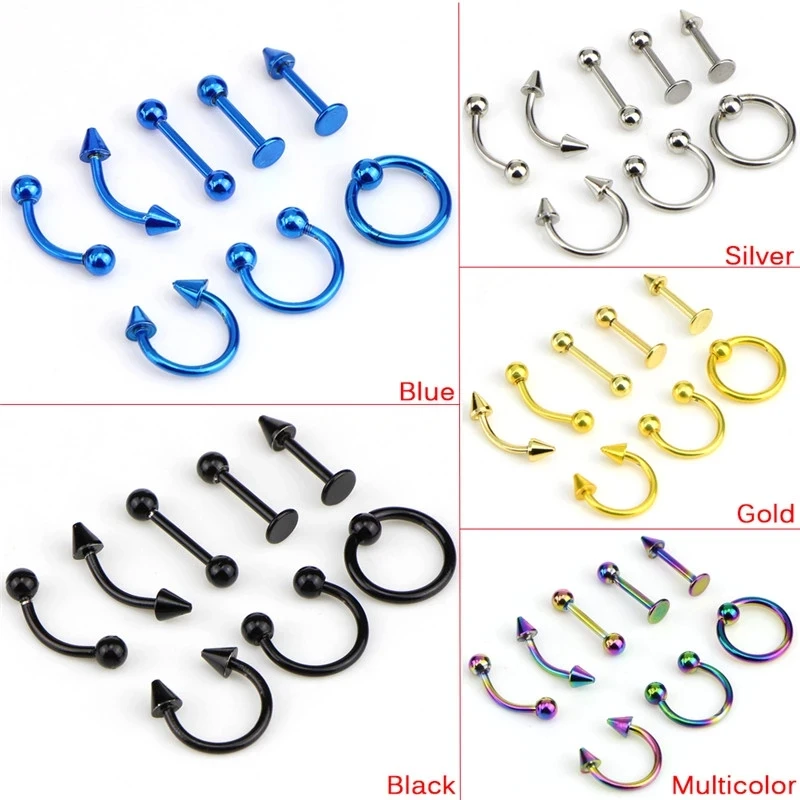 Surgical Steel Piercing Ring Set Eyebrow Lip Nose Hoop Nostril Ear Tongue Piercings Body Jewelry For Women Men 8Pcs/set piercing jewelry,body piercing jewelry,body jewelry