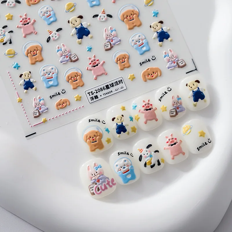 5D 현실적인 릴리프 귀여운 고양이 개 돼지 동물 행성 파티 접착 네일 아트 스티커, 데칼 매니큐어 참 액세서리, 1 장