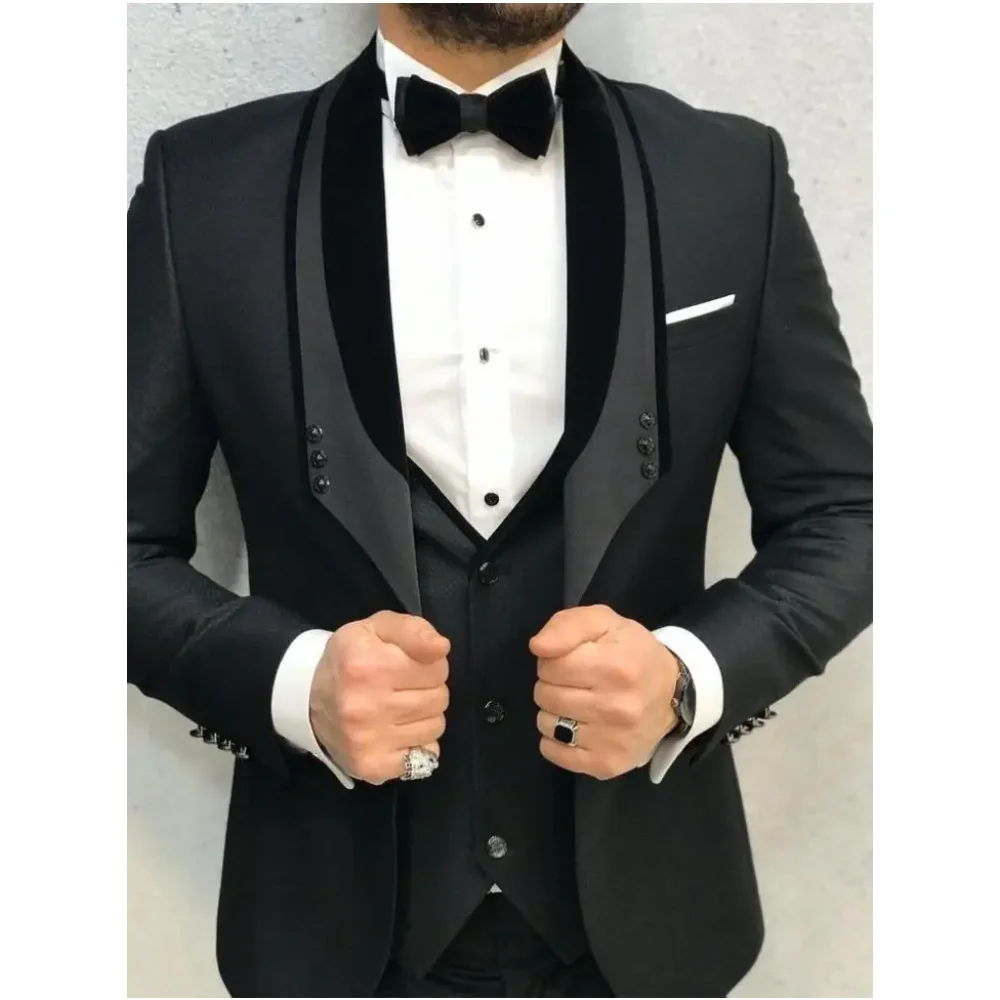 

Новый стиль, Черная шаль для жениха, смокинг для жениха с отворотом, мужские костюмы на одной пуговице, Свадебный блейзер для лучшего человека (пиджак + брюки + галстук-бабочка + жилет)