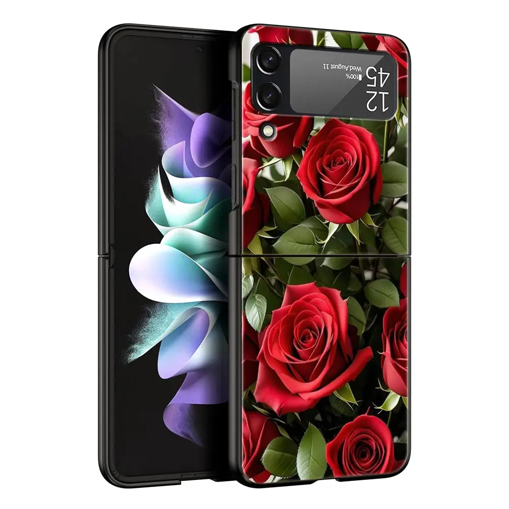 Elegant Red Rose Floral Phone Case - Black Hard Folding Cover