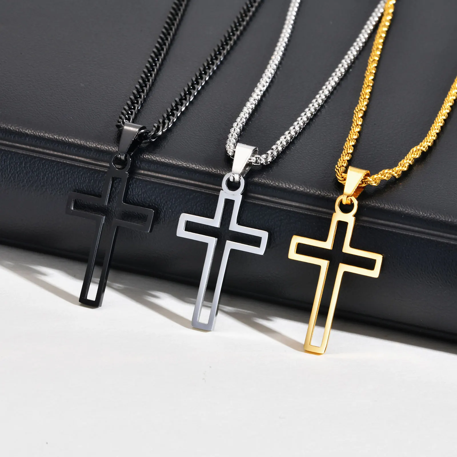 Casual Hollow Cross Necklaces for Men Boys Waterproof Stainless Steel Cross Pendant Necklace Religious Faith Prayer Jewelry Gift