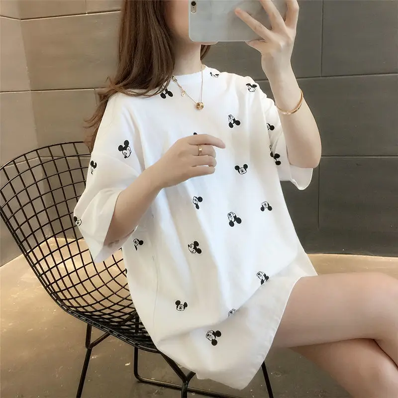 Mickey cartoon  White Short-Sleeved T-shirt Womens Summer New Korean Style Loose Half-Sleeve Top Ins Fashion T-shirt