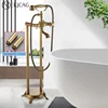Antique Brass Bathroom Floor Mount Bathtub Filler Freestanding Bathtub Faucet Dual Handles Shower Set With Handshower Mixer Tap 1