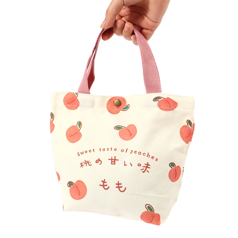 Small Canvas Women Tote Food Bag Japanese Peach Hand Lunch Bag Korean Mini Student Handbags Cotton Cloth Picnic Travel Bento
