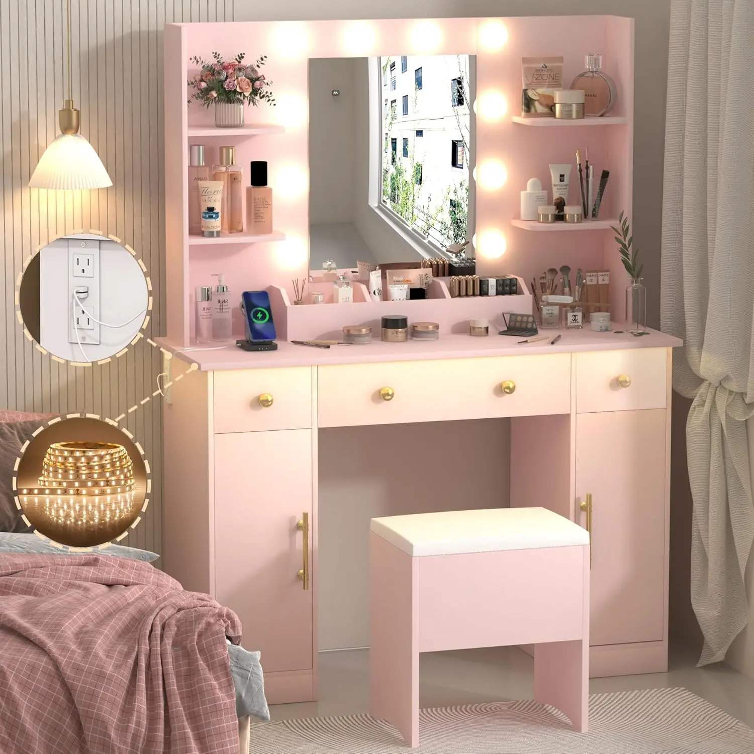 Desk with Mirror and Lights 43" Pink Makeup Dressing Table Set with 5 Drawers & Chair Power Outlet 3 Lighting Modes Adjustable