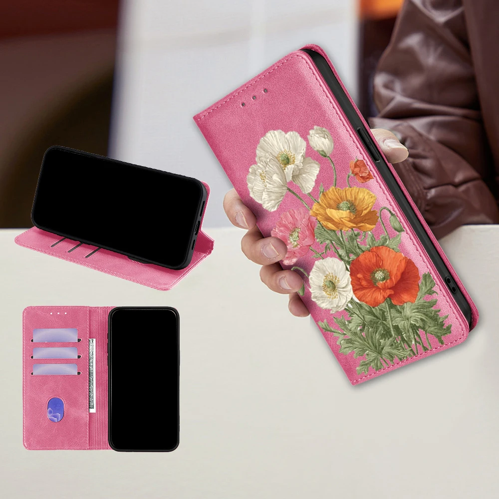 Floral Pattern Magnetic Leather Flip Wallet Case with Card Slots Holster