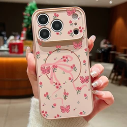 Pink Bow Rose Print Magnetic Phone Case with MagSafe Compatibility - TPU & PC Back Cover - iPhone 15 (A765 Gold)