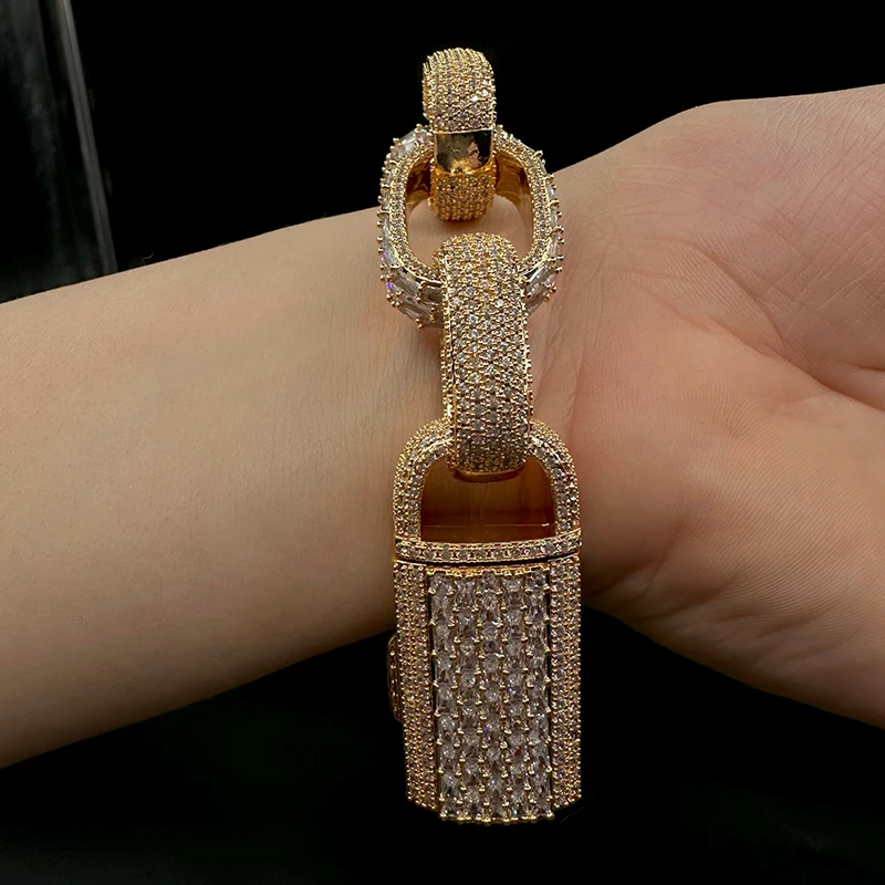 Aokaishen Box Cuban Link Bracelet for Men Iced Out Prong Setting Gold Plated Hip Hop Fashion Jewelry