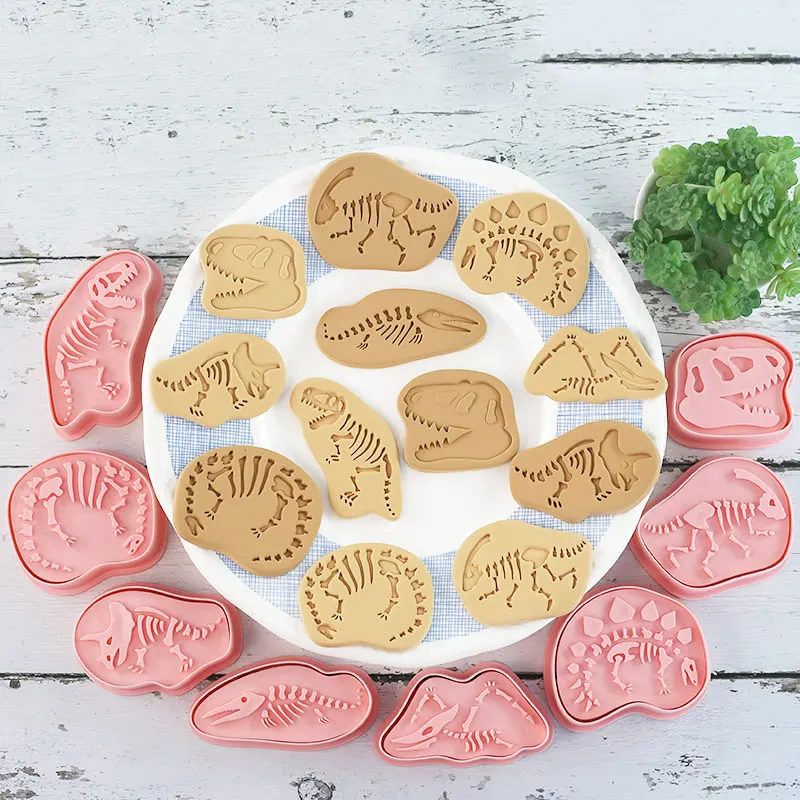 8 Pcs/set Dinosaur fossil Cookie Cutters cookie cutter baking mold cookie mould Plastic 3D Cartoon Pressable Biscuit Mold Cookie Stamp Kitchen Baking Pastry Bakeware