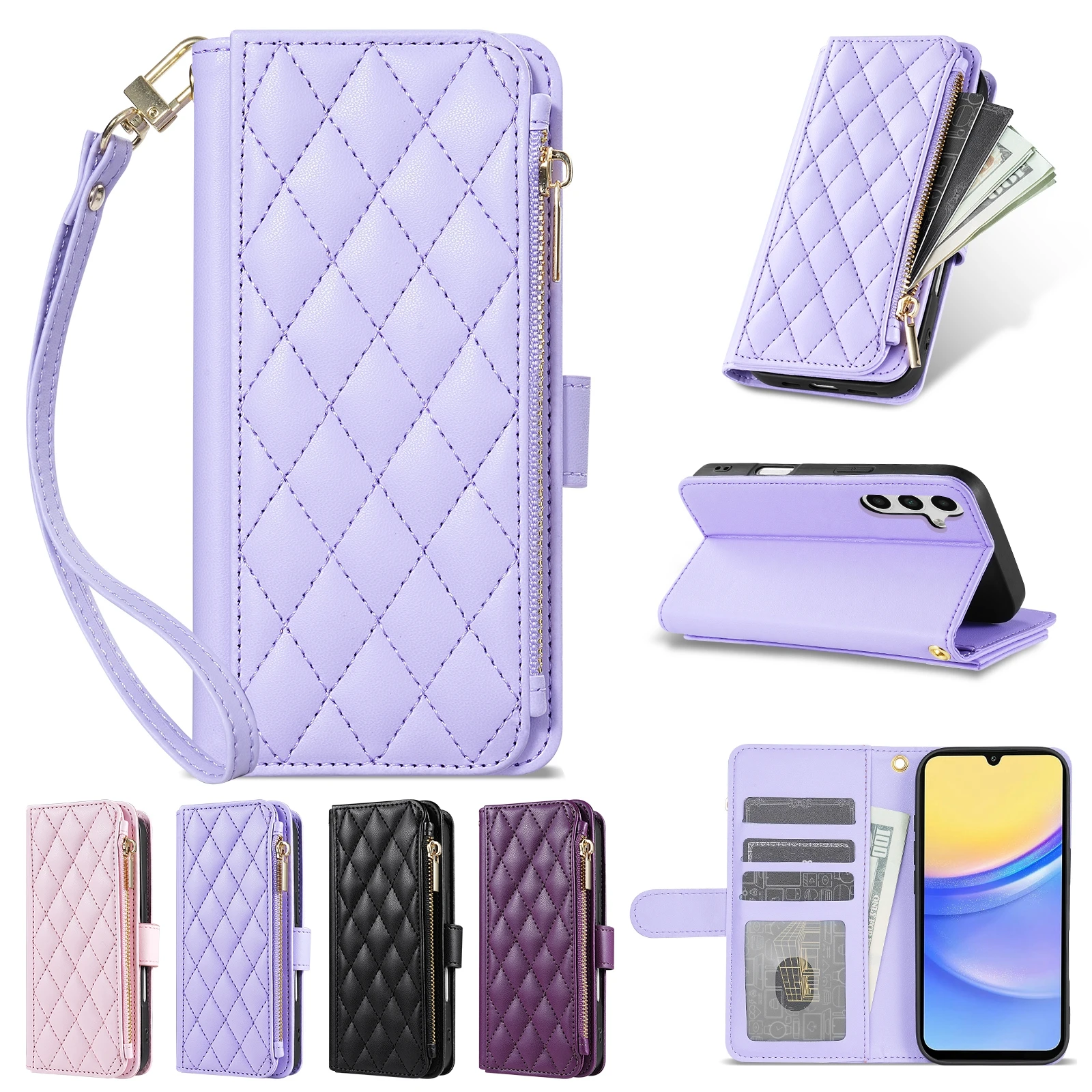 Compact Leather Wallet Case with Fragrance Scent, Zipper, Card Slots, and Magnetic Closure