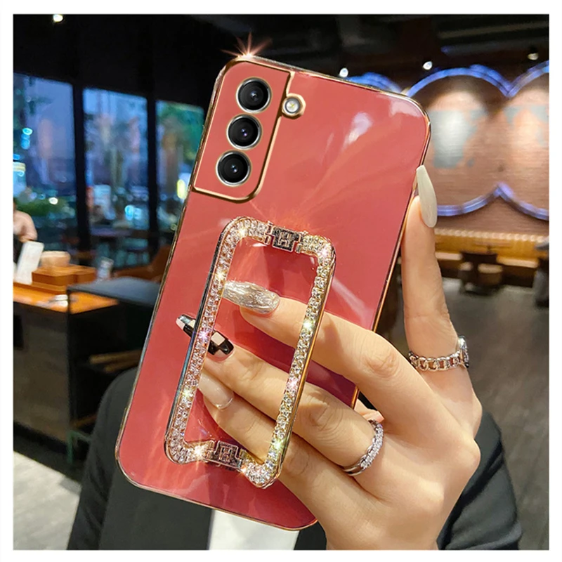 Phone Case Luxury Rhinestone Metal Holder Wrist Bracket Plating For Samsung Galaxy S23 S22 Ultra S21 FE Plus S20 A53 A22 A50