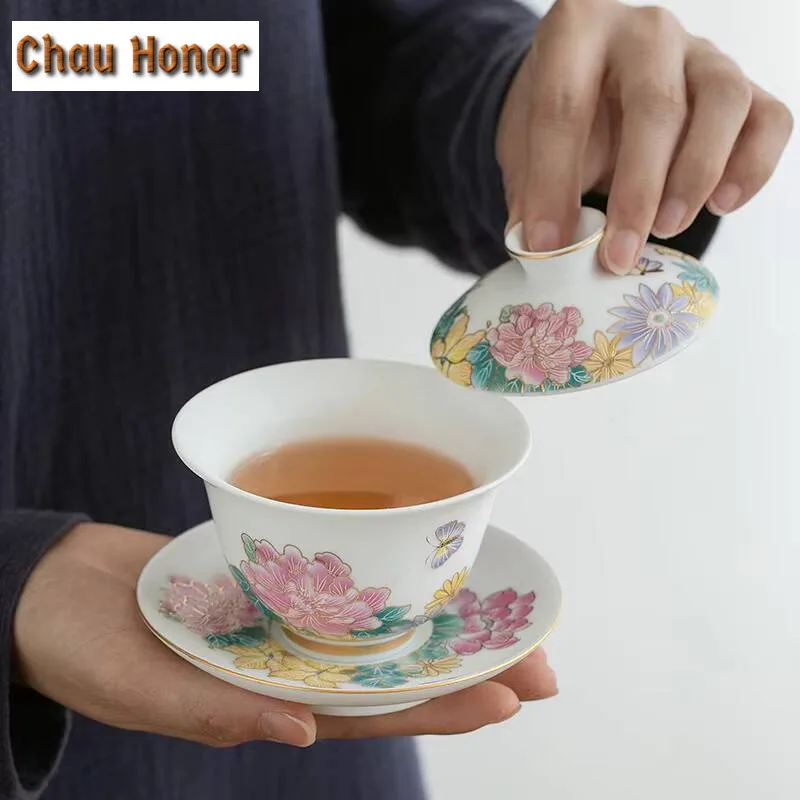 140ml Hand Painted Lotus Art Tea Tureen Mutton Fat Jade Porcelain Covered Bowl Blue And White Tea Making Gaiwan Kung Fu Teaset