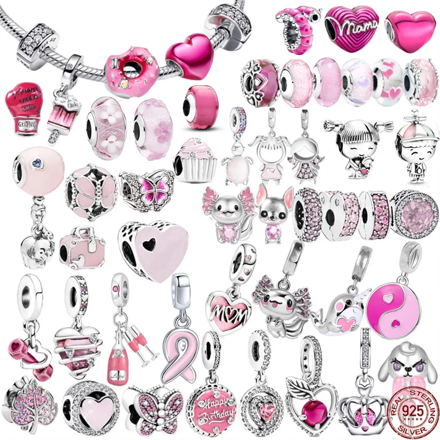 925 Sterling Silver Pink Series Charm Bead Hot Sale Pendant Jewelry Fit Original Pandora Bracelet/Necklace Clip Murano Glass Bag