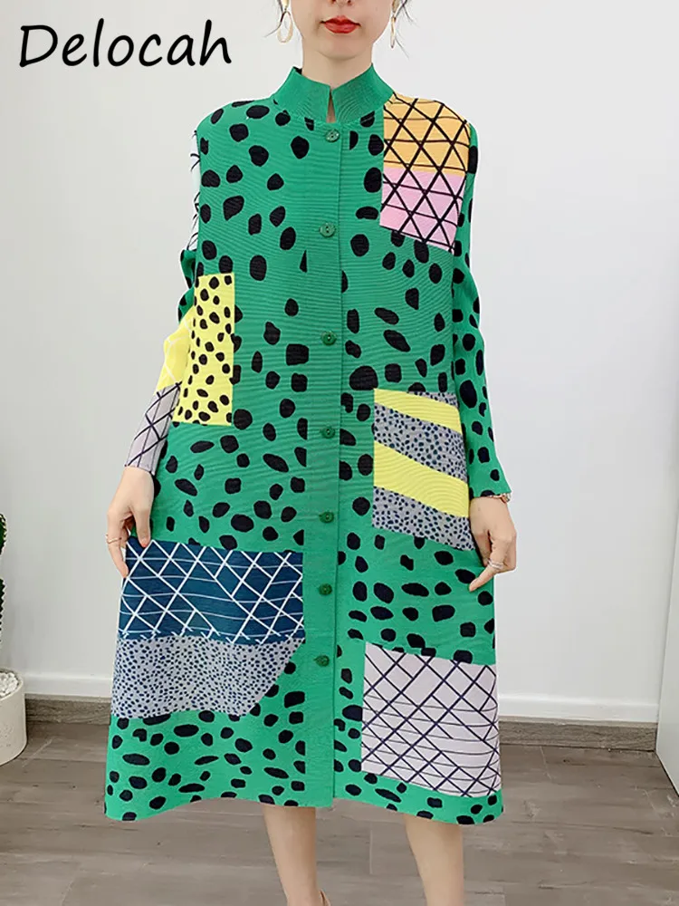 

Delocah High quality Summer Women Fashion Designer Long Dress Colorblock Regular Sleeve Elastic Force Loose Pleated Dresses