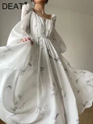 DEAT Elegant Dress Square Collar Pleated Lantern Sleeve A-line High Waist Women's Evening Dresses 2024 Spring New Fashion CP0750