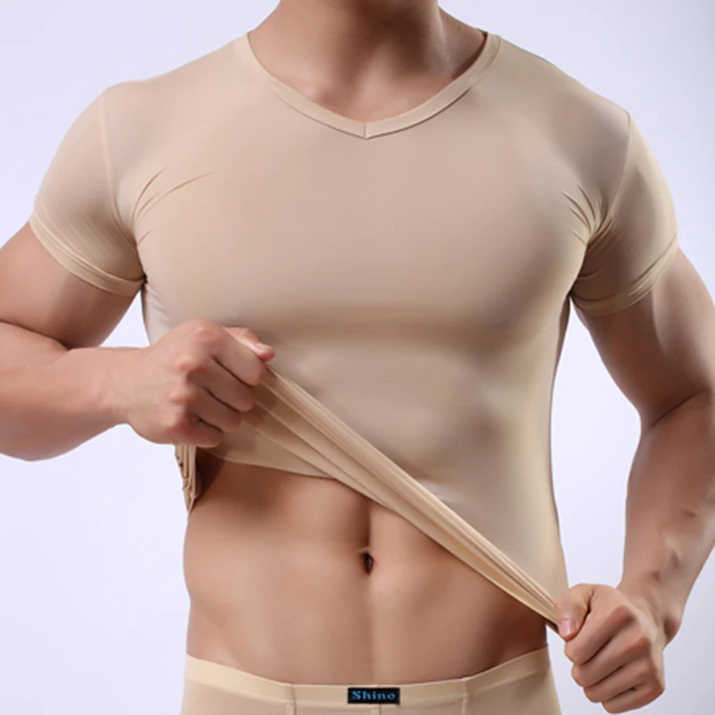 Men Undershirt See Through Underwear Gay Sexy Transparent Basic Shirts Ice Silk Ultra-thin V-neck Tops Short Sleeves