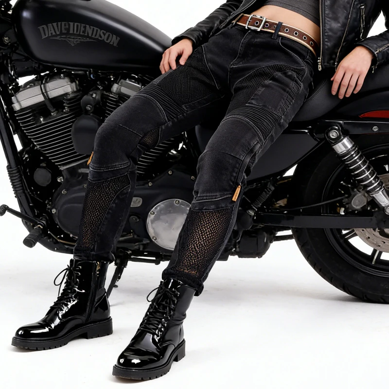 케블라 오토바이 청바지 여성용 메쉬 데님 올 블랙 여름 라이딩 팬츠 내마모성 방풍 내구성 먼지 방지 바이크 바지