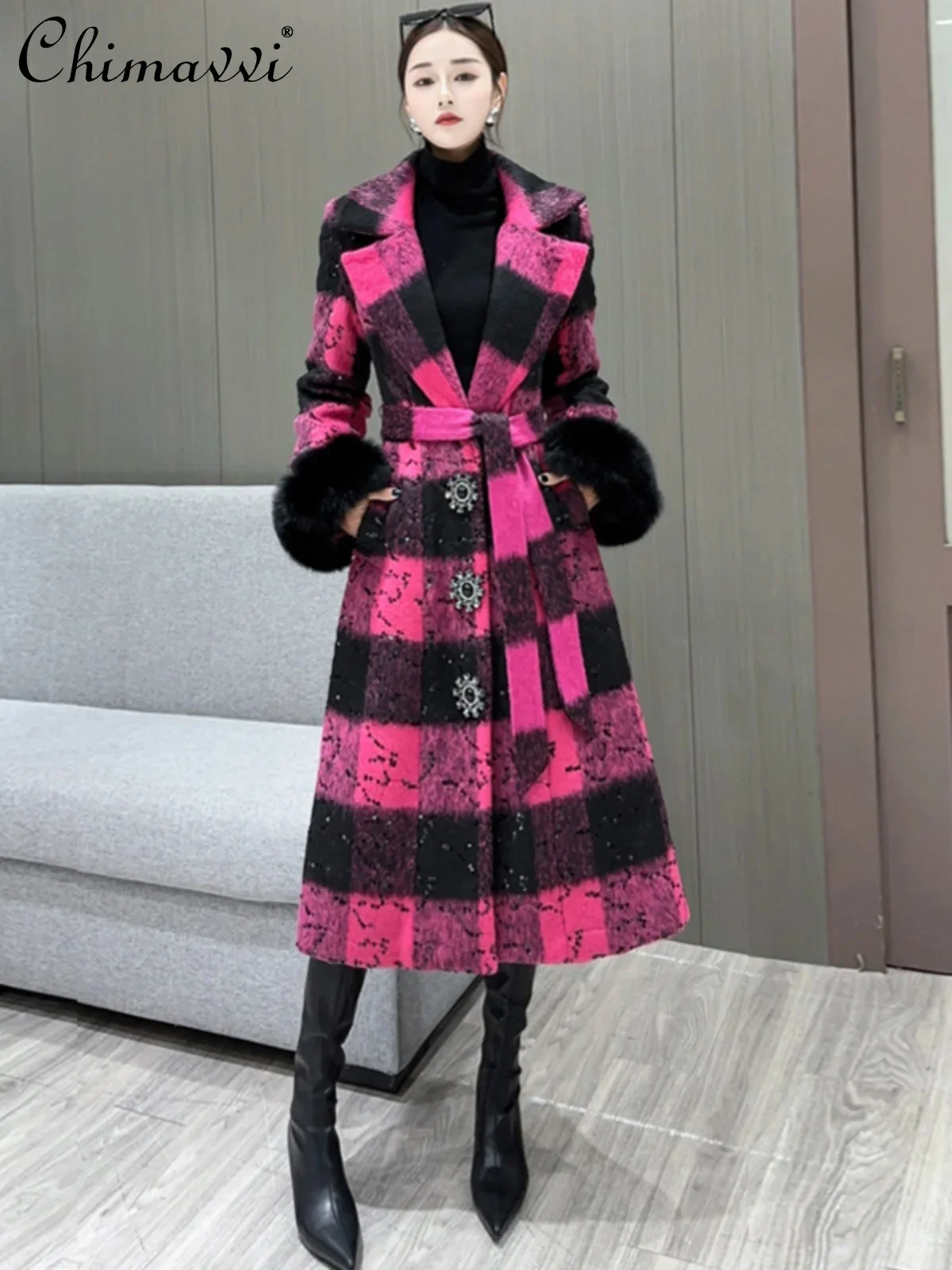 

High-end Plaid Woolen Coat Female 2023 Winter Clothes Fashion Fox Fur Cuff Slim-fit Women's Elegant Padded Long Jacket Coats