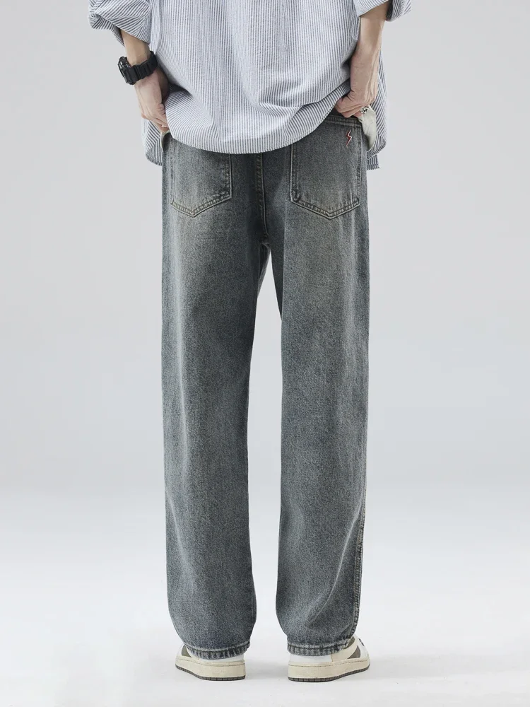 New Men's Straight Jeans Baggy Vintage Solid Color Wide-leg Trousers High Street Fashion Korean Casual Denim Pants Male