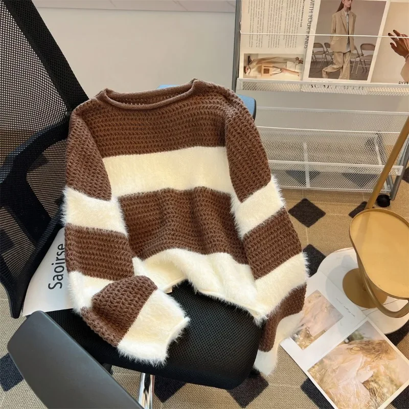 

Vintage Loose Women's Sweaters Knitwear FASHION Jumpers Autumn/Winter Clothing Stripes Cashmere Mohair Women Pullovers