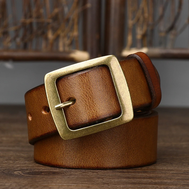 3.8cm Width Thick Retro Cowhide Genuine Leather Belt For Men Solid Brass Copper Pin Buckle Belts Male Strap For Jeans cintura