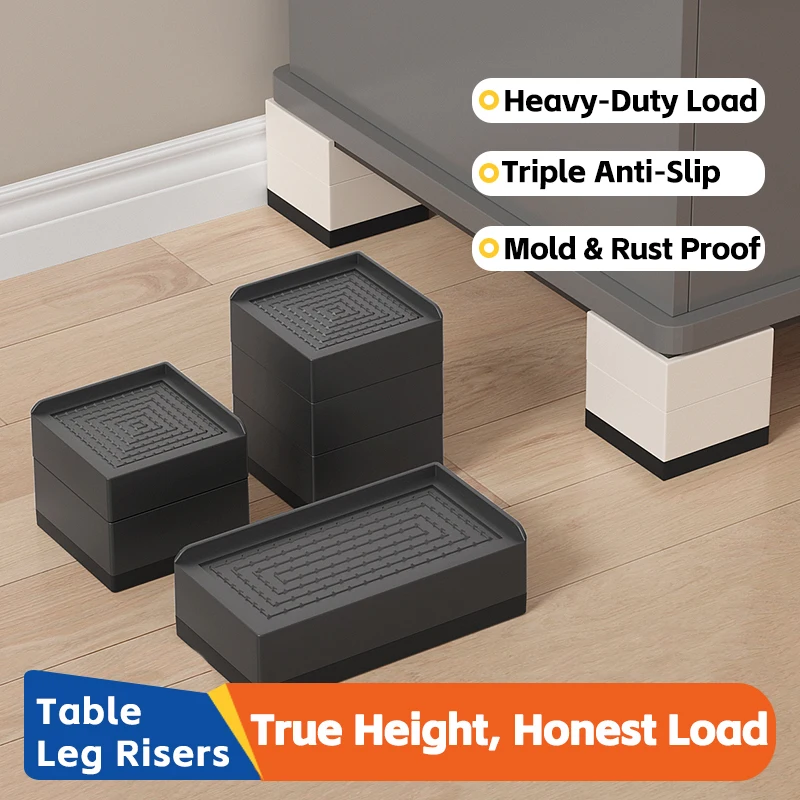 4-Pack Furniture Leg Risers – Shock-Absorbing Pads, Table/Chair/Sofa Support Blocks with Anti-Slip Grooves