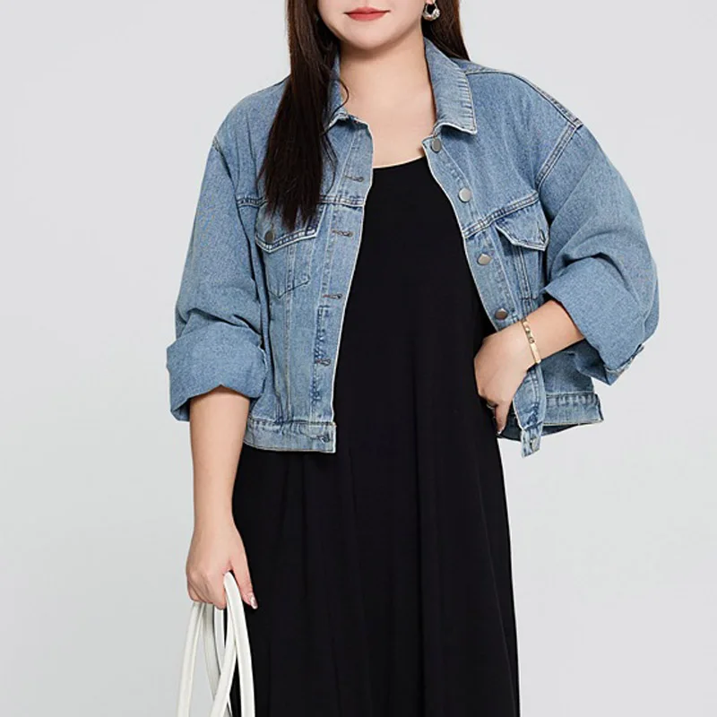 Plus Size Women's Short Jacket Premium Light Blue Loose Denim Coat Single Breasted Jean Preppy Style Autumn 2025