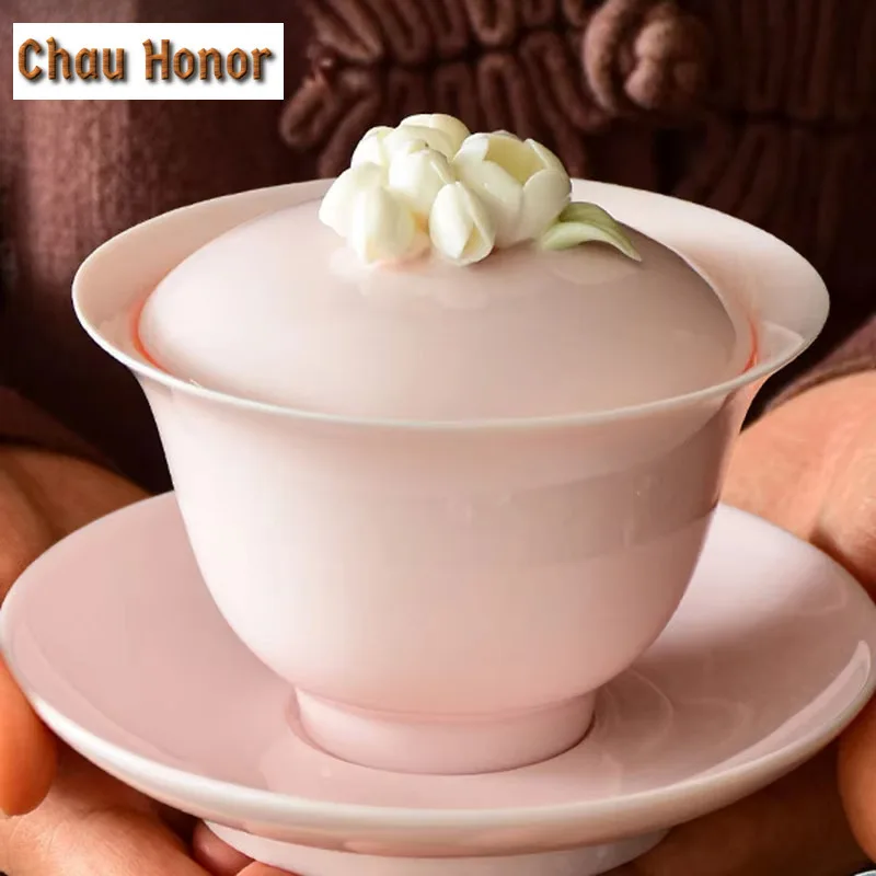 160ml Dehua Lanolin Jade White Porcelain Handmade Flower Kneading Pink Cover Bowl Kung Fu Tea Set Household Tea Bowl Drinkware
