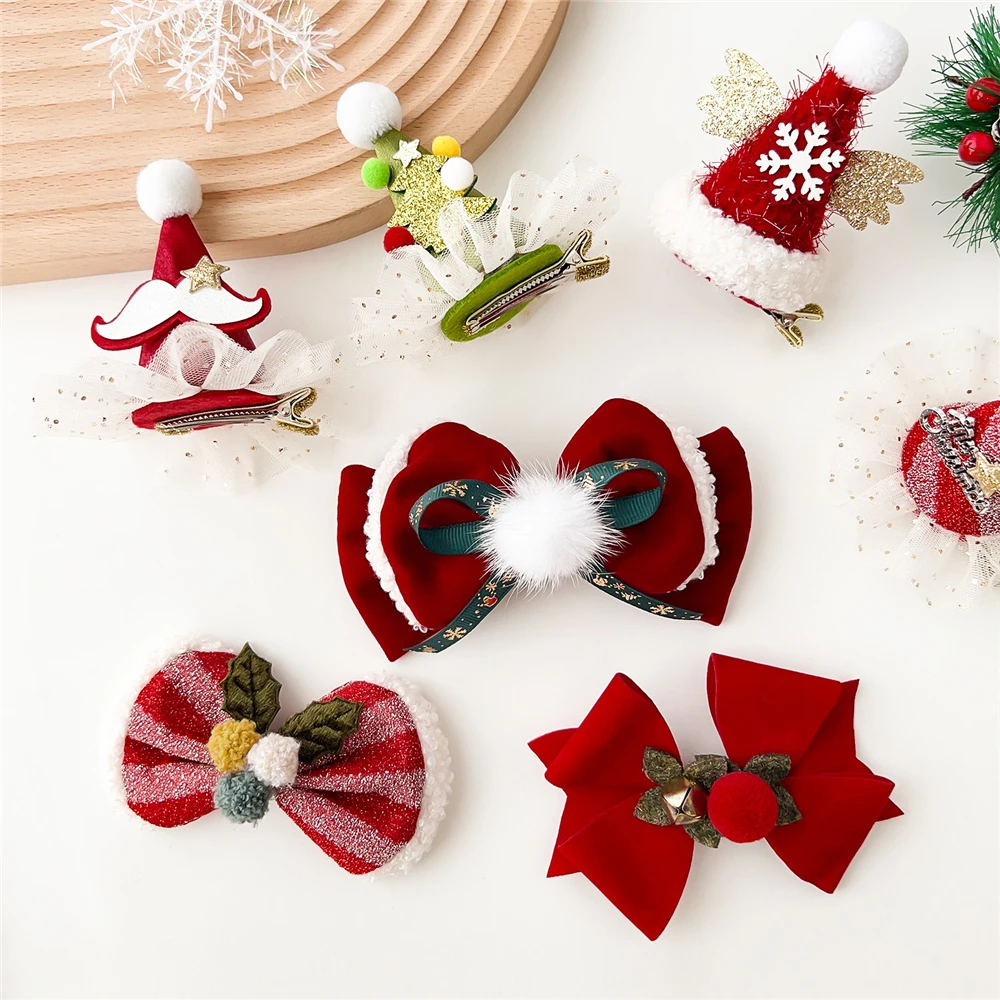 Christmas Festival Bow Hairpin Cute Fabric Hat Side Clip Side Bangs Hair Accessory Hairpin，Christmas hair clip