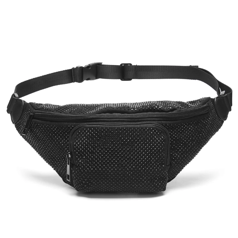 

Annmouler New Design Women Waist Bag Large Capacity Fanny Pack Black Rhinestone Chest Bag Luxury Phone Pouch