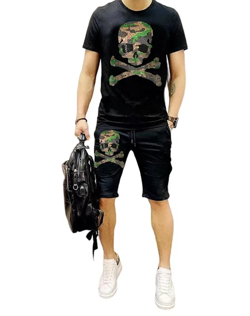 

S-4XL Diamonds Skulls suits Anime Men's set design drop shipping summer tracksuit Rhinestones Streetwear