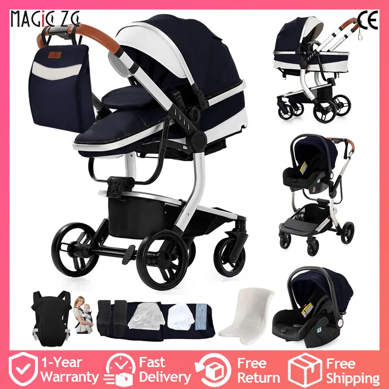 Poussette bébé 3 en 1 en cuir, système de voyage étanche, siège inclinable, landau pour bébé avec siège auto, paysage haut pour bébé
