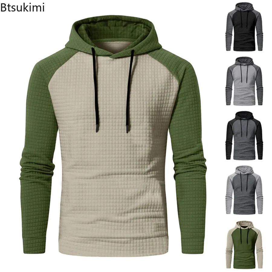 

2024 Men's Hoodies Sweatshirts Jacquard Plaid Men Patchwork Hoody Long-Sleeved Pullovers Colorblock Casual Sweatshirt for Male