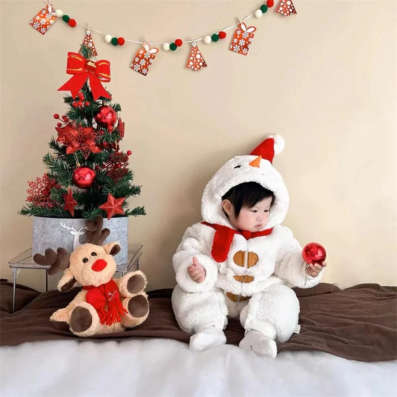 Baby Christmas Snowman Onesie Infant Warm Plush Jumpsuit with Hooded Hat Xmas Costume