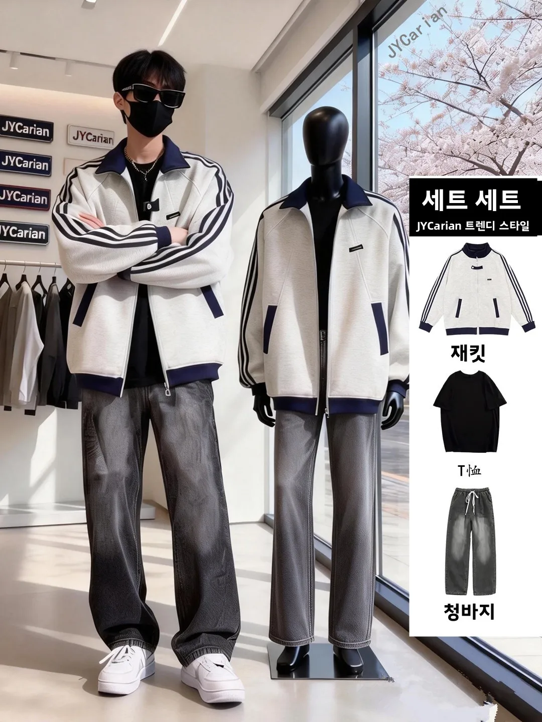 겨울 플리스 안감 패치워크 재킷 남성 야구 스타일 청바지 세트 0대 패션 캐주얼 스포츠웨어 긴팔 긴바지
