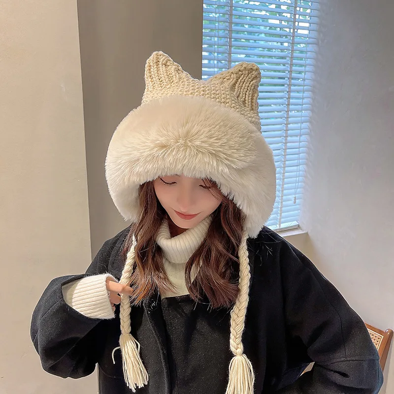 

Cat's ears (Steamed cat-ear shaped bread) hat Women's winter knitting hat Ear protection Lei Feng Plush hat Woolen