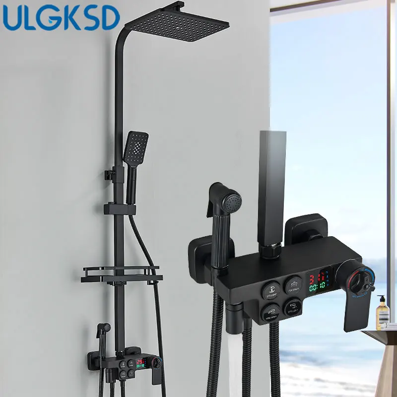 ULGKSD Thermostatic Shower Set Faucet For Full Bathroom Rainfall Mixer Tap LCD Digital Display 4 Ways Shower Systems shower head shower set
