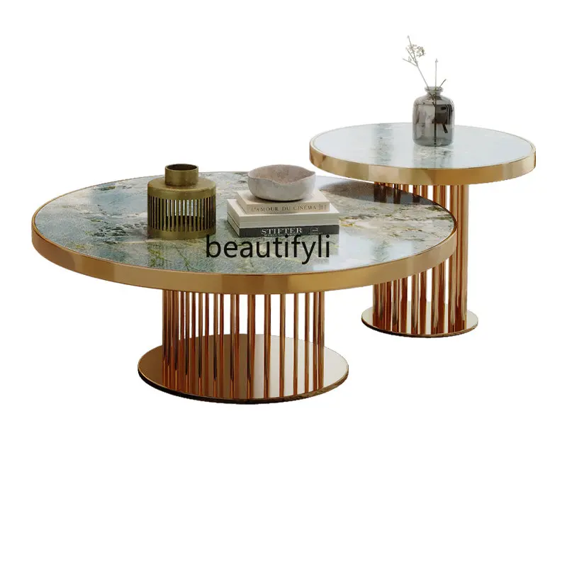 

zq Italian Marble Tea Table Combination Post-Modern Living Room Furniture Villa Stainless Steel round Tea Table