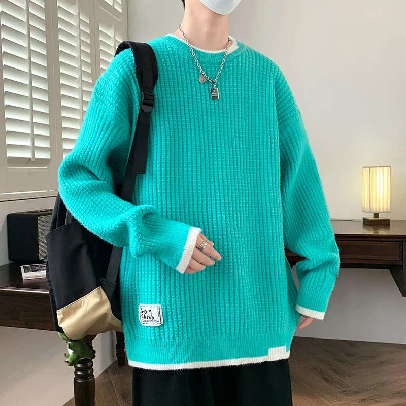 

Men's New Autumn/Winter Round Neck Fake Two Piece Casual Sweater Solid Color Pullover Sweater