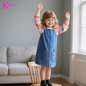 New Girls' Dress  Round Neck Children's Princess Dress Denim Fabric Toddler Kids Clothing 4-8Y 1